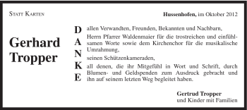 Traueranzeige von Gerhard Tropper von Gmünder Tagespost