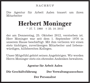 Traueranzeige von Herbert Moninger von Schwäbische Post