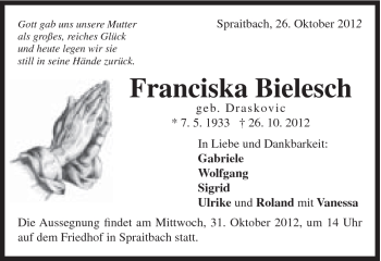 Traueranzeige von Franciska Bielesch von Gmünder Tagespost