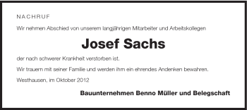 Traueranzeige von Josef Sachs von Schwäbische Post