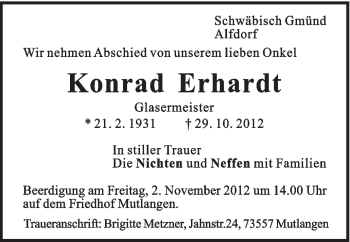 Traueranzeige von Konrad Erhardt von Gmünder Tagespost