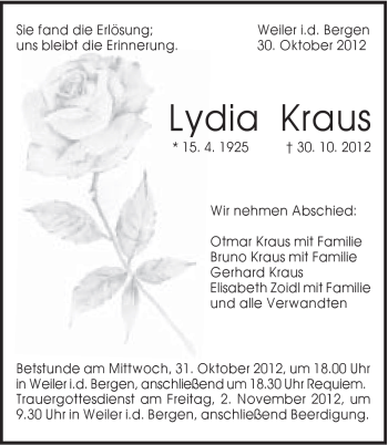 Traueranzeige von Lydia Kraus von Gmünder Tagespost