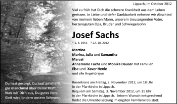 Traueranzeige von Josef Sachs von Schwäbische Post