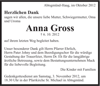 Traueranzeige von Anna Gross von Schwäbische Post