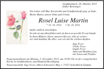 Traueranzeige von Rosel Luise Martin von Gmünder Tagespost