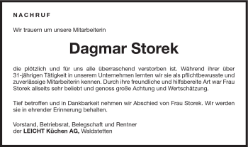 Traueranzeige von Dagmar Storek von Gmünder Tagespost