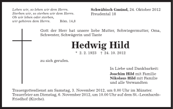 Traueranzeige von Hedwig Hild von Gmünder Tagespost