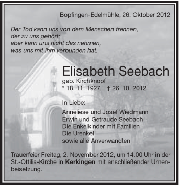 Traueranzeige von Elisabeth Seebach von Schwäbische Post