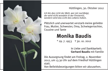 Traueranzeige von Monika Baudis von Schwäbische Post