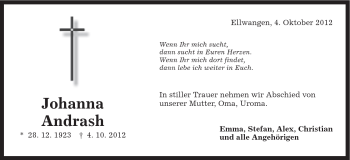 Traueranzeige von Johanna Andrash von Schwäbische Post