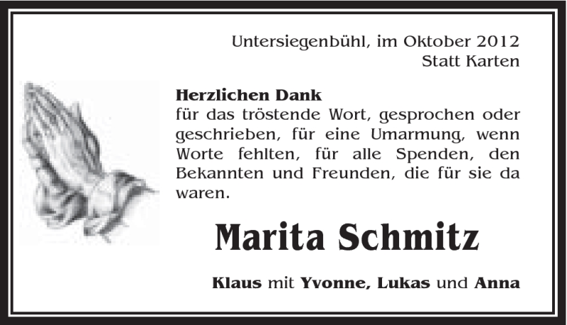  Traueranzeige für Marita Schmitz vom 12.10.2012 aus Schwäbische Post
