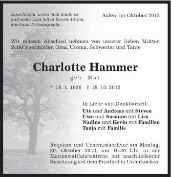 Traueranzeige von Charlotte Hammer von Schwäbische Post