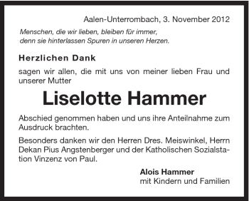 Traueranzeige von Liselotte Hammer von Schwäbische Post