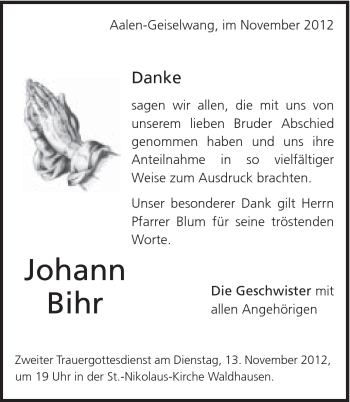 Traueranzeige von Johann Bihr von Schwäbische Post