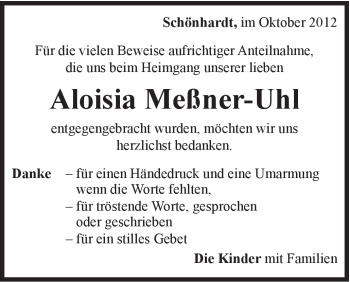 Traueranzeige von Aloisia Meßner-Uhl von Gmünder Tagespost