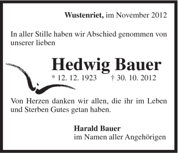 Traueranzeige von Hedwig Bauer von Gmünder Tagespost