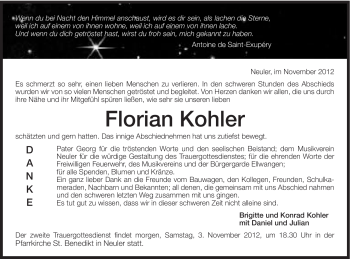 Traueranzeige von Florian Kohler von Schwäbische Post