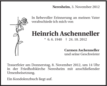 Traueranzeige von Heinrich Aschenneller von Schwäbische Post