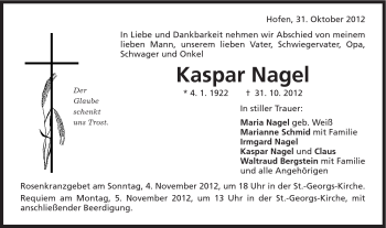 Traueranzeige von Kaspar Nagel von Schwäbische Post