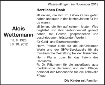Traueranzeige von Alois Wettemann von Schwäbische Post