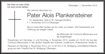 Traueranzeige von Pater Alois Plankensteiner von Schwäbische Post