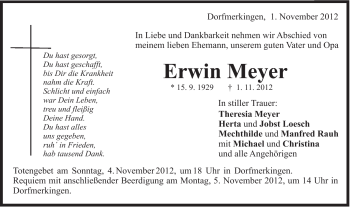 Traueranzeige von Erwin Meyer von Schwäbische Post