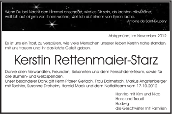 Traueranzeige von Kerstin Rettenmaier-Starz von Schwäbische Post