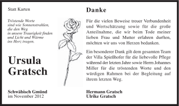 Traueranzeige von Ursula Gratsch von Gmünder Tagespost