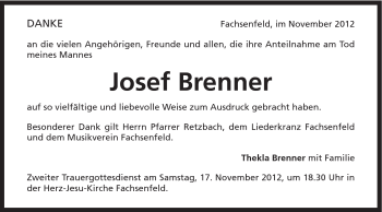 Traueranzeige von Josef Brenner von Schwäbische Post