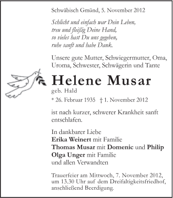 Traueranzeige von Helene Musar von Gmünder Tagespost