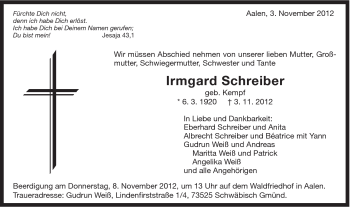 Traueranzeige von Irmgard Schreiber von Schwäbische Post