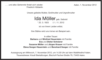Traueranzeige von Ida Möller von Schwäbische Post