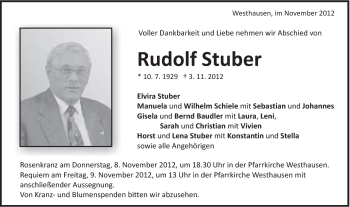 Traueranzeige von Rudolf Stuber von Schwäbische Post