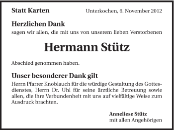 Traueranzeige von Hermann Stütz von Schwäbische Post