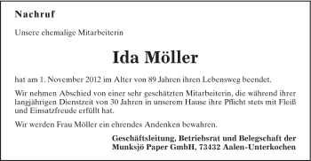 Traueranzeige von Ida Möller von Schwäbische Post