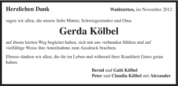 Traueranzeige von Gerda Kölbel von Gmünder Tagespost