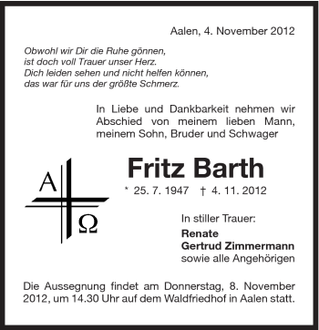 Traueranzeige von Fritz Barth von Schwäbische Post