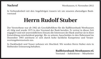 Traueranzeige von Rudolf Stuber von Schwäbische Post