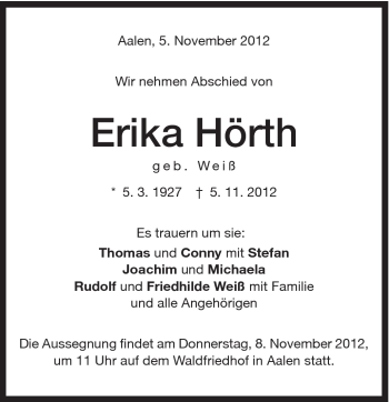 Traueranzeige von Erika Hörth von Schwäbische Post