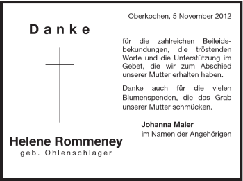 Traueranzeige von Helene Rommeney von Schwäbische Post