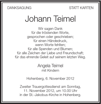 Traueranzeige von Johann Teimel von Schwäbische Post
