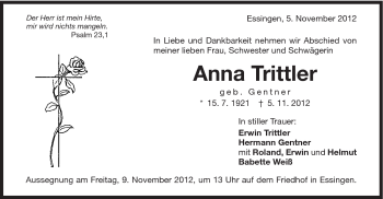 Traueranzeige von Anna Trittler von Schwäbische Post