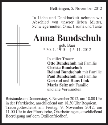 Traueranzeige von Anna Bundschuh von Gmünder Tagespost