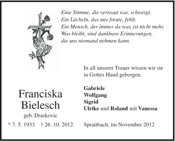 Traueranzeige von Franciska Bielesch von Gmünder Tagespost