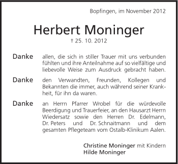 Traueranzeige von Herbert Moninger von Schwäbische Post