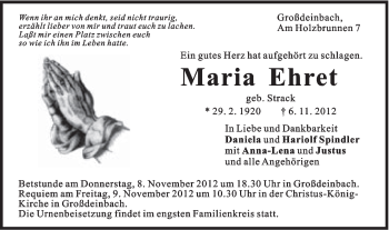 Traueranzeige von Maria Ehret von Gmünder Tagespost