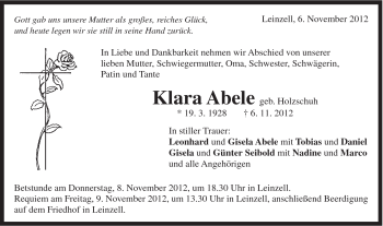 Traueranzeige von Klara Abele von Gmünder Tagespost