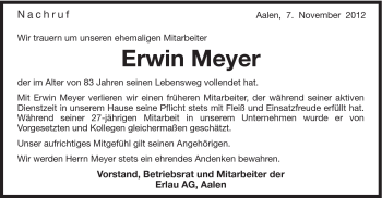 Traueranzeige von Erwin Meyer von Schwäbische Post