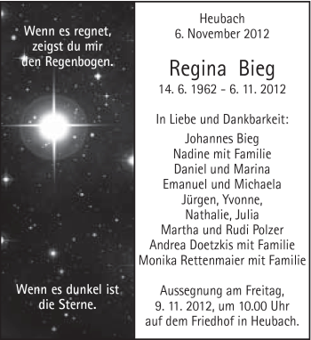 Traueranzeige von Regina Bieg von Gmünder Tagespost