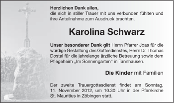 Traueranzeige von Karolina Schwarz von Schwäbische Post